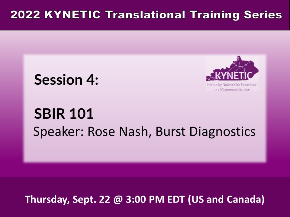 Our next Translational Training Series seminar is Thursday, 9/22! Register here: tinyurl.com/3p847ye7 #KYNETIC #ResearchWithImpact #InnovationStation