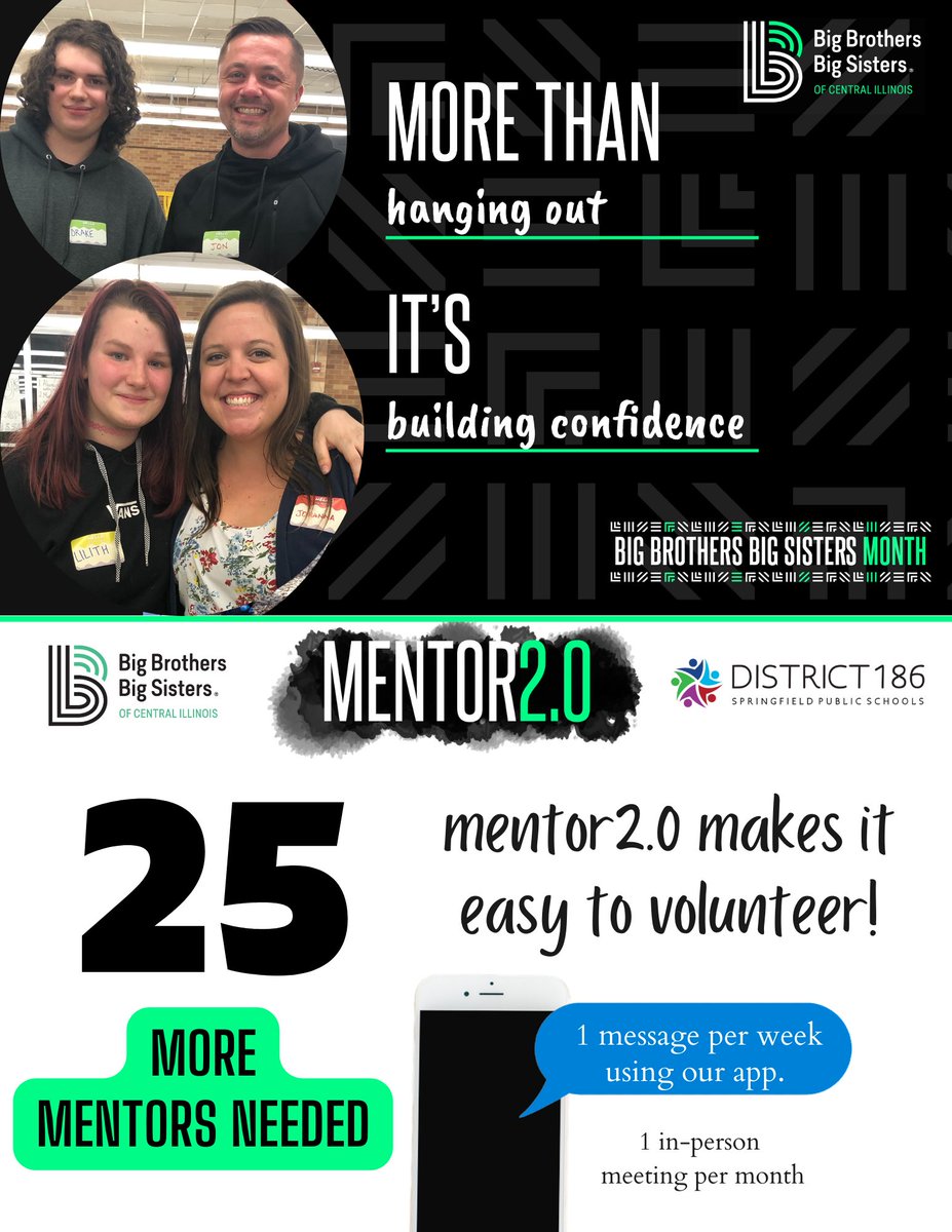 25 more mentors needed in Springfield!
mentor2.0 makes it easy to volunteer. Join us at our upcoming recruitment event to learn how you can become a mentor! 
September 19th 5:30 @ Stadium Bar &amp; Grill
RSVP to attend here:
classy.org/event/get-in-t…
or
visit bbbscil.org/volunteer/ment…