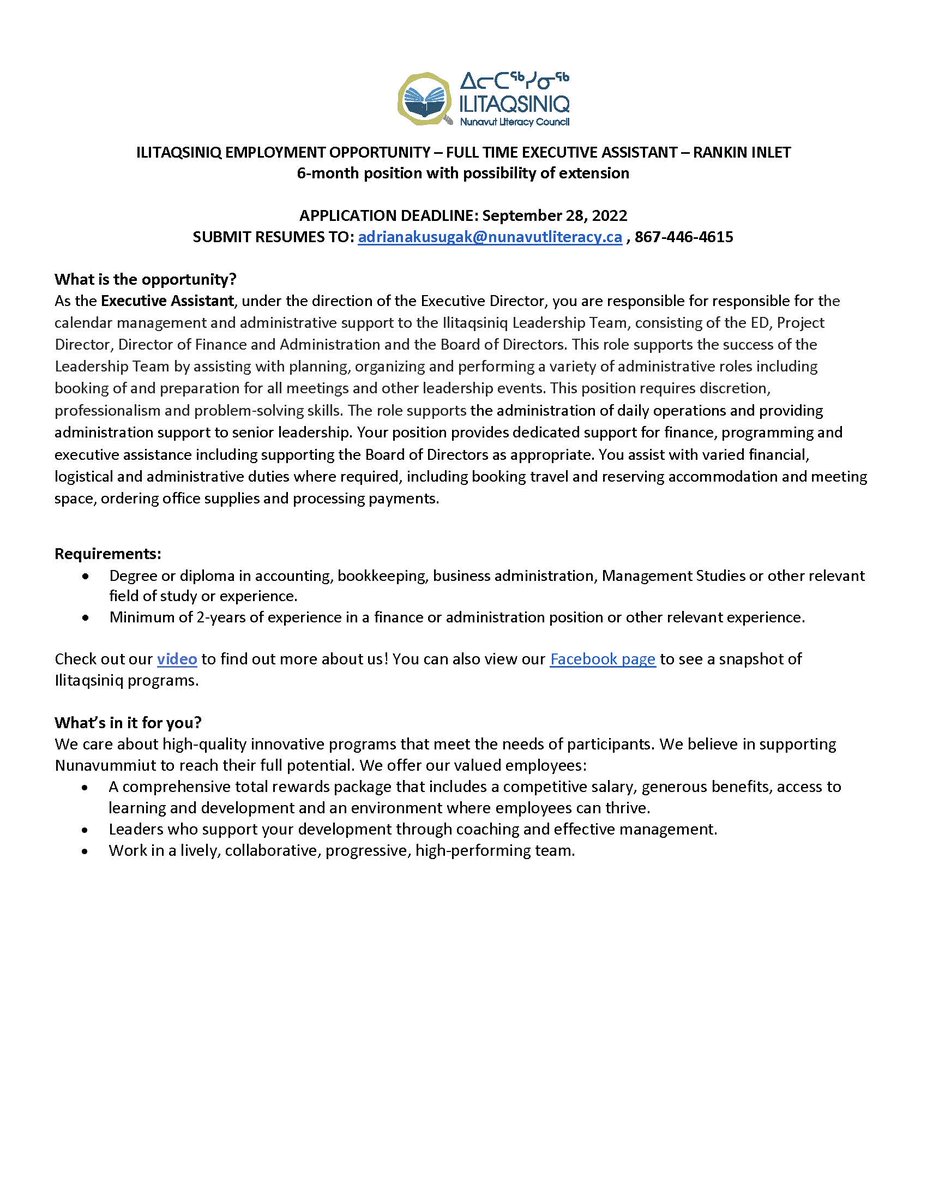 JOB AD - Ilitaqsiniq's Rankin Inlet office is seeking a full time Executive Assistant to support the Executive Director. Please see the listing below for details on how to apply.