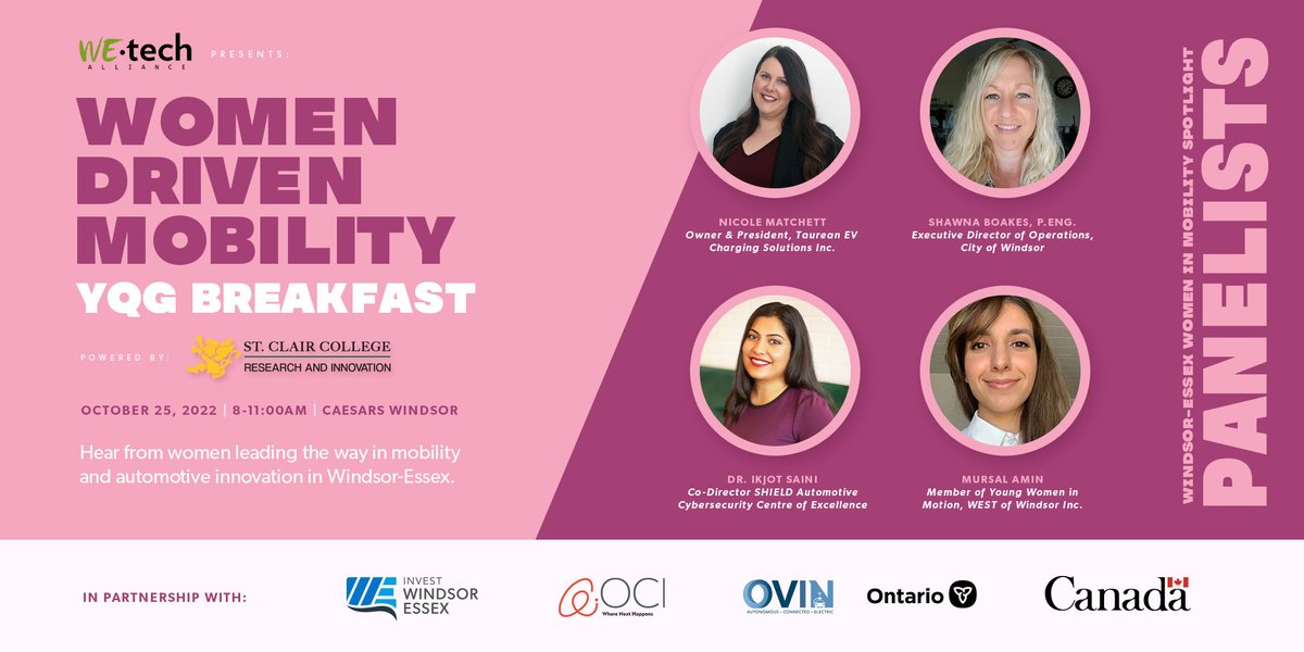 Join <a href="/WEtechAlliance/">WEtech Alliance</a>, <a href="/StClairResearch/">St.Clair College Research and Innovation</a> &amp; partners for a #WomenInMobilityYQG breakfast, featuring a Windsor-Essex Women in Mobility Spotlight panel!

Hear from women leading the way in #mobility and #automotive innovation in #YQG and beyond.

REGISTER: bit.ly/3xttYDe