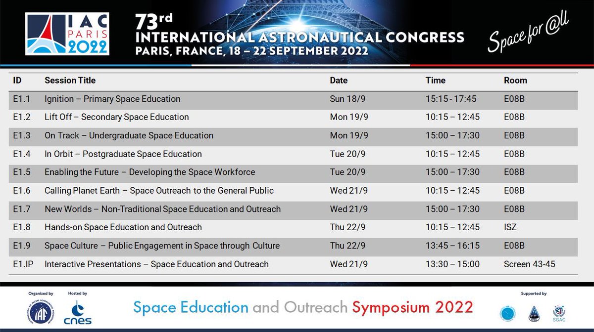 Check out the schedule for the #IAC2022 Space Education and Outreach Symposium, starting this Sunday! Ten sessions with the best of space education and outreach from all over the world. Don’t miss it! Full programme: iafastro.directory/iac/browse/IAC…