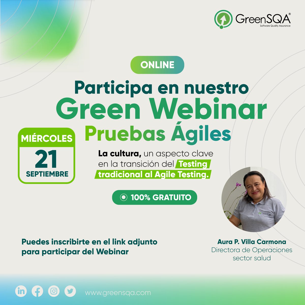 Les extendemos la invitación a todos a nuestros seguidores a participar de nuestro webinar #Gratuito donde hablaremos de los procesos de calidad que se integran en un entorno Ágil.

Aquí puedes inscribirte y participar de este espacio de conocimiento: bit.ly/3xn8J5T