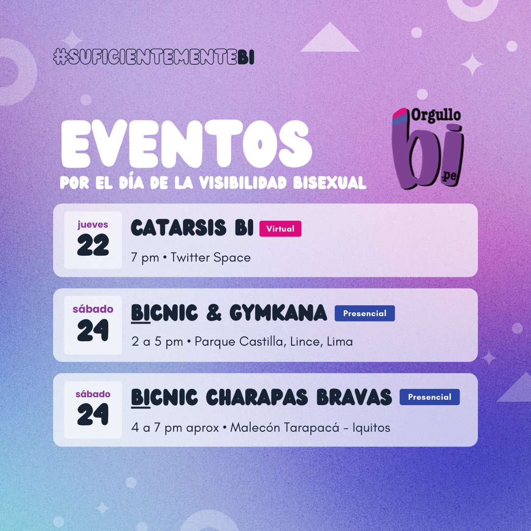 Orgullobipe's tweet image. Se viene el Día de la #VisibilidadBisexual y hemos creado estos espacios virtualea y presenciales para conversar, jugar y densear 💖💜💙
Si eres bisexual, o te lo estás cuestionando, te esperamos!
En Lima e Iquitos estaremos presencialmente🔥 gracias al apoyo de @amnistiaperu