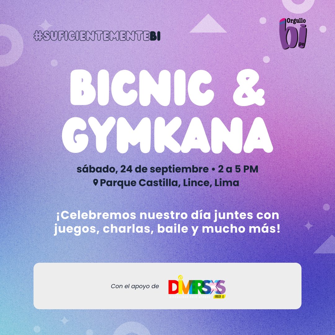 Orgullobipe's tweet image. Se viene el Día de la #VisibilidadBisexual y hemos creado estos espacios virtualea y presenciales para conversar, jugar y densear 💖💜💙
Si eres bisexual, o te lo estás cuestionando, te esperamos!
En Lima e Iquitos estaremos presencialmente🔥 gracias al apoyo de @amnistiaperu