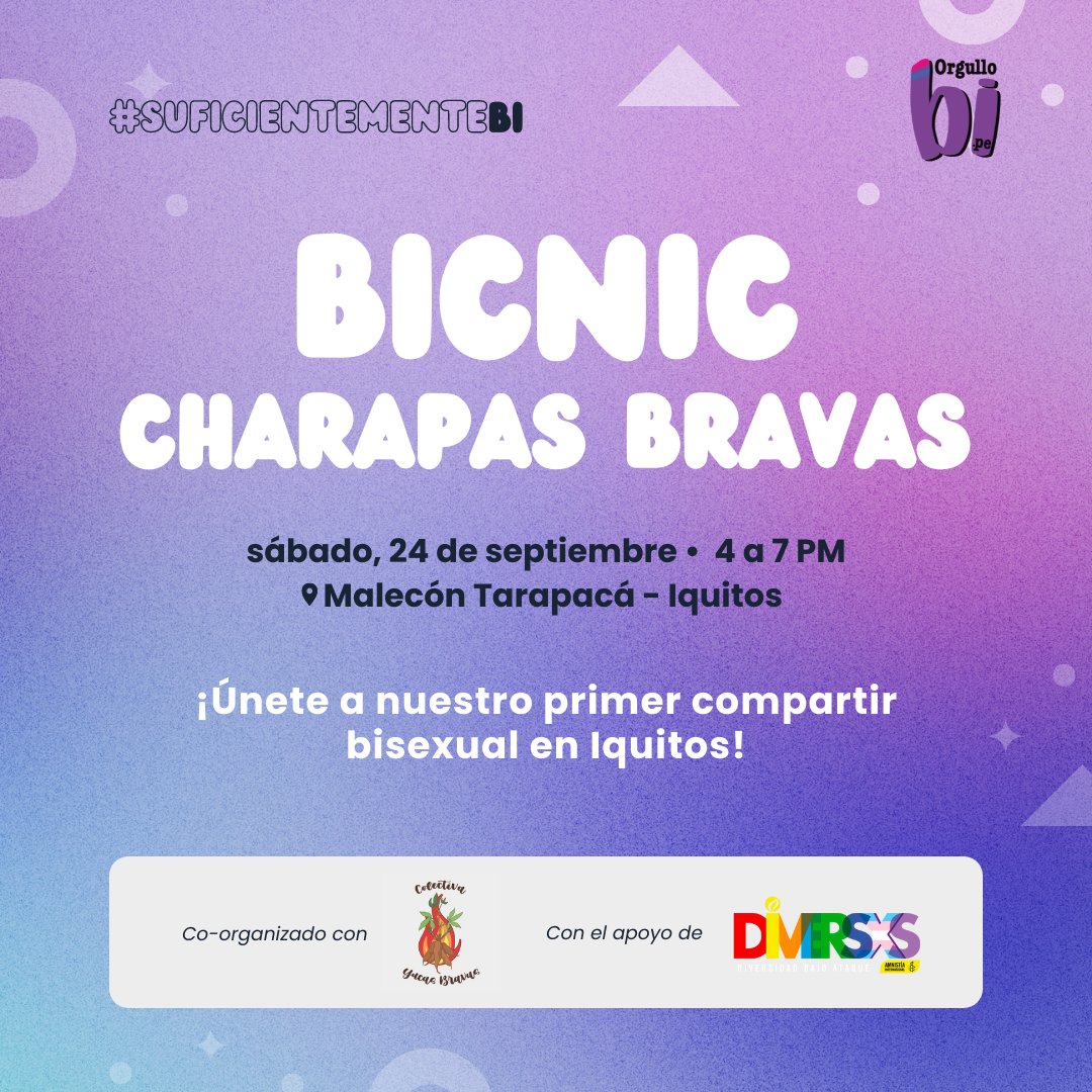 Orgullobipe's tweet image. Se viene el Día de la #VisibilidadBisexual y hemos creado estos espacios virtualea y presenciales para conversar, jugar y densear 💖💜💙
Si eres bisexual, o te lo estás cuestionando, te esperamos!
En Lima e Iquitos estaremos presencialmente🔥 gracias al apoyo de @amnistiaperu