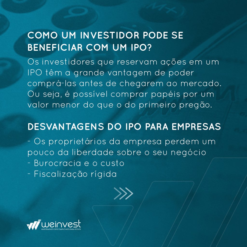 WeInvestDigital's tweet photo. 💰 IPO é um termo que significa Oferta Pública Inicial, que é o mesmo que abrir capital na Bolsa de Valores.
🏢 Essa sigla indica um processo de lançamento das ações de uma empresa no mercado. https://t.co/zGyoKvw4Ig