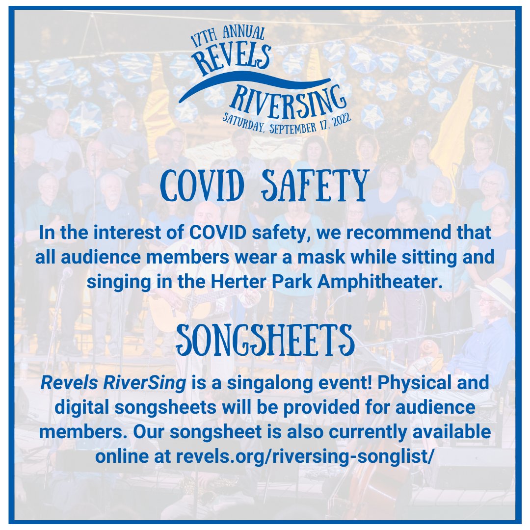 It's time to SING! We are so excited for you to join us for tomorrow's Revels RiverSing, our first live RiverSing since 2019. But before you arrive, there are a few things you should know!
Learn more at revels.org/riversing
<a href="/HerterPark/">Herter Park Amphitheater</a> <a href="/masscultural/">Mass Cultural Council</a> @CharlesRiverCRC
