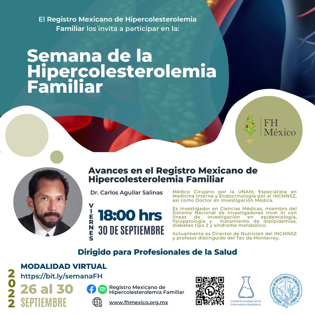 Te invitamos a participar en la Semana de la Hipercolesterolemia Familiar el viernes 30 de septiembre a las 18:00 hrs que estará dirigido a profesionales de la Salud ¡NO TE LO PIERDAS!