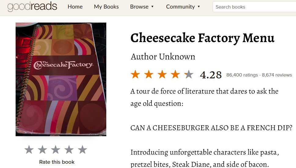 I'm not sure what's more surprising, that the Cheesecake Factory menu is on Goodreads, or that it's rated way higher than The Great Gatsby.