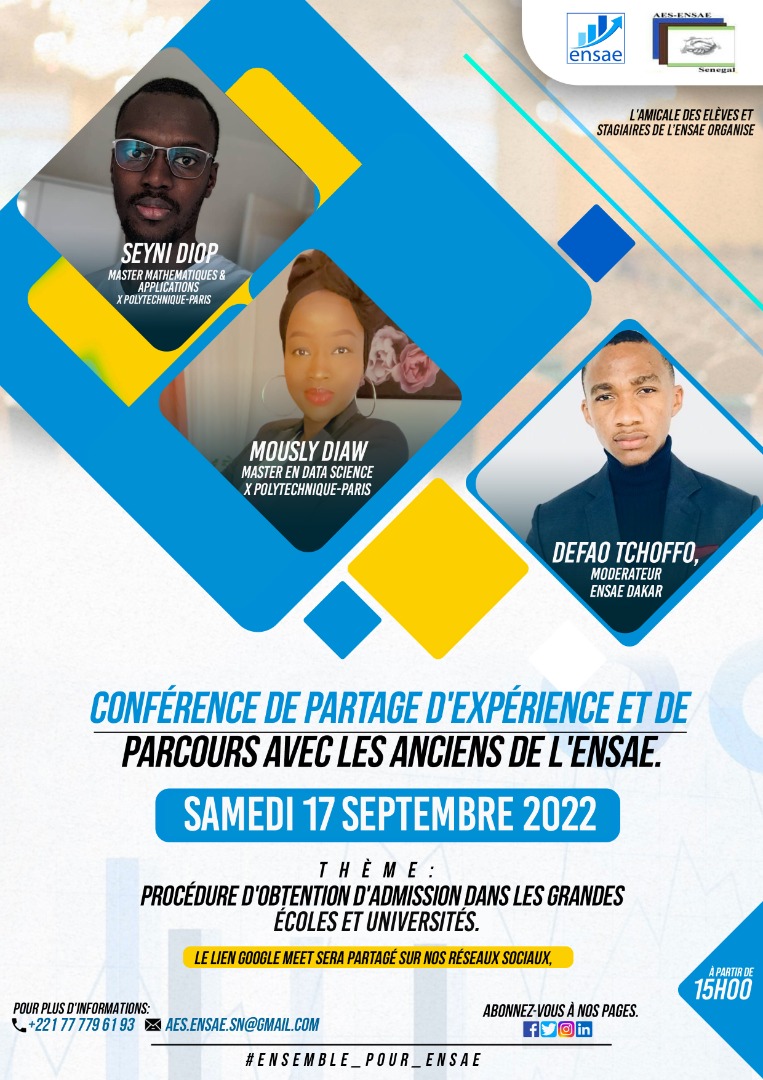AesEnsae's tweet photo. La quatrième conférence avec les anciens de l’ENSAE de Dakar, ayant fait leurs parcours  à l’ X POLYTECHNIQUE-PARIS aura lieu ce samedi à 15h.

Ci dessous le lien : 
https://t.co/EPOlGKHqTD https://t.co/37FpBcyjsc