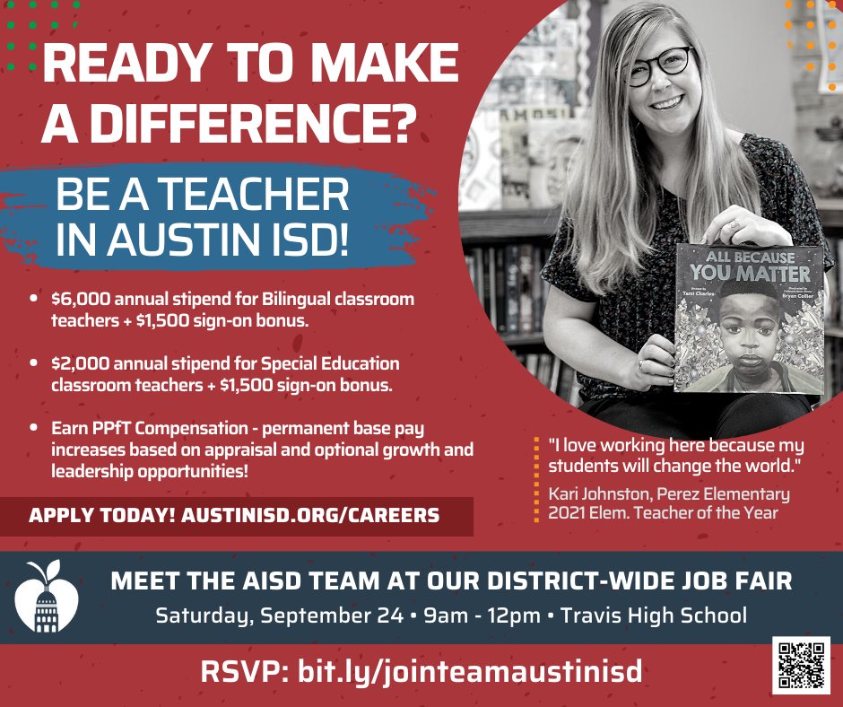 Location update! Our District-wide job fair for teachers, TAs, and Police Officers has been moved to Travis High School. Same date and time: September 24, 9am-12pm If you know someone interested in joining our @AustinISD team, have them RSVP at bit.ly/jointeamaustin…