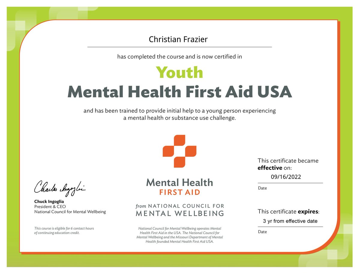 One more certification today
Certified in Psychological First aid 
Mental Health First Aid 
#christianfrazier #mentalhealth #mentalhealthmatters #mentalwellness #mentalhealthadvocate #yourhealthisyourwealth #blackmentalhealthadvocate #blackmentalwellness #blackmentalhealthmatters