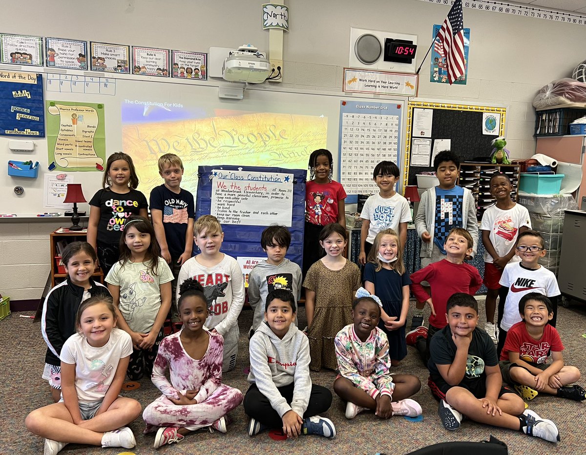 MrsBak2nd's tweet photo. After learning about the United States Constitution, we wrote our own Class Constitution. The patriotic shirts were icing on the cake! @MBEMUSTANGS #mustangproud https://t.co/hmD5oyzF2m