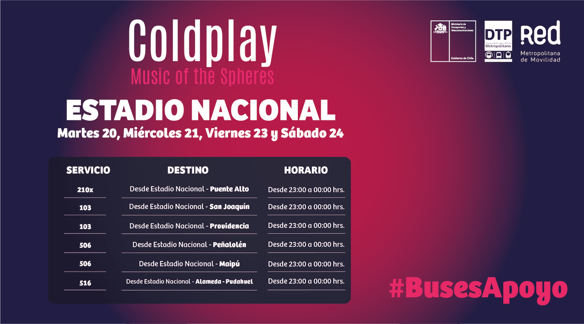 Red_Movilidad's tweet photo. 🔴⚪Conoce el plan de buses que dispondrá el @DTPMet para los conciertos de #ColdplayEnChile que se realizarán en el #EstadioNacional desde el martes 20 al sábado 24 de septiembre. 
✅ Recorridos 210, 103, 506 y 516 se reforzarán entre las 23 y 00 hrs.

👉 https://t.co/5no4qcsMot https://t.co/WOx6QCQzZW