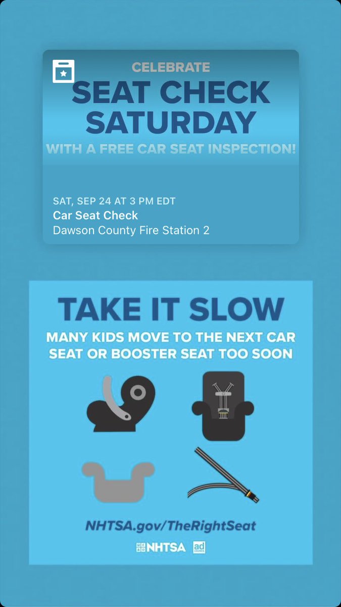 Car Seat Check on September 24 from 2-4 PM at the Dawson County Fire Station 2. We hope to see you there!
