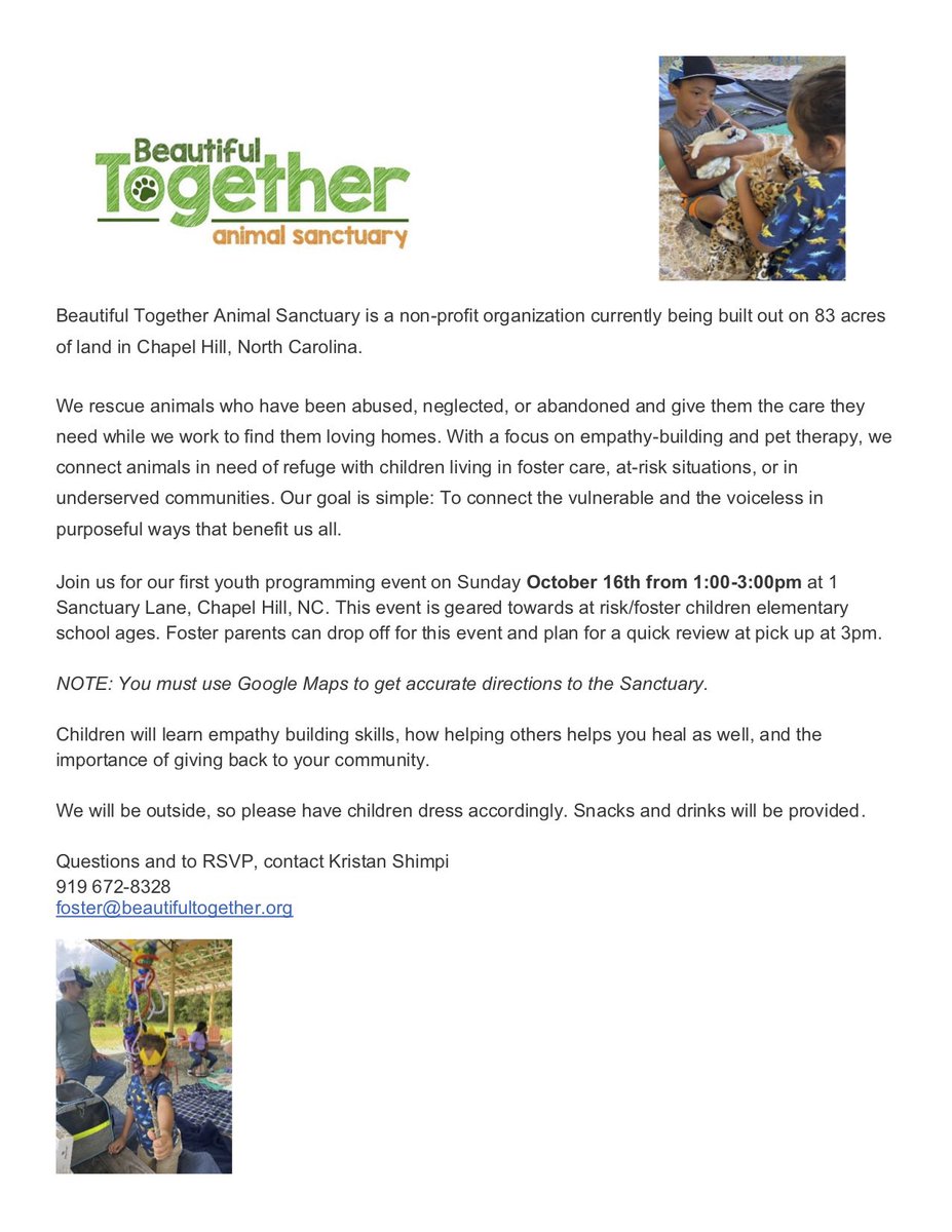 Another great fall event offered by Beautiful Together Animal Sanctuary in #ChapelHill! October 16th. RSVP info appears in the flyer.