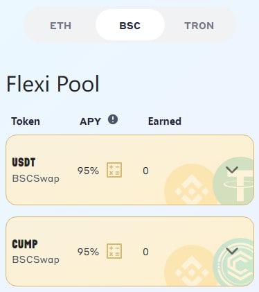 Nancy60862636's tweet photo. When you staking USDT on BSC blockchain, you will get same amount of CUMP tokens, it's up to $2,000.
For example, when you have $2,000 USDT in staking, you will get free $2,000 CUMP and you can stake it to earn profits. The CUMP can't withdrawal to wallet but profits can be. https://t.co/YM8PhYhNHt