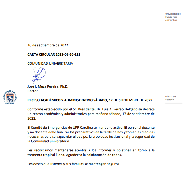 Atención Jaguares se ha decretado receso académico y administrativo para mañana sáb., 17/09/2022 por motivo del paso de la Tormenta Tropical Fiona.
La biblioteca ofrecerá servicios de foma remota a través del servicio Pregúntale a tu Bibliotecario. 
<a href="/UPRCA_Informa/">UPR Carolina Informa</a> <a href="/EaDUPRCarolina/">EaD UPR-Carolina</a>