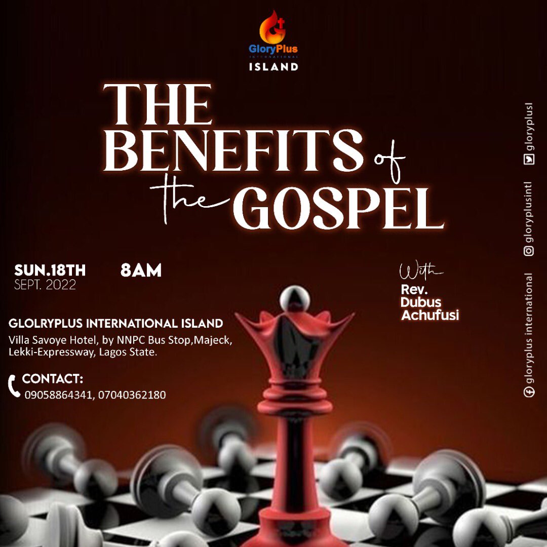 gloryplusisland's tweet photo. Salvation was coined from the Greek word “Sozo” and it spans beyond forgiveness of sins, to healing, deliverance and all other package. 

Join us this Sunday, 18th of Sept, 2022
Time: 8AM. 
Venue: Villa Savoye Hotel, By NNPC Filing Station, Majeck. 
@TRACE_Gospel 
#SundayService https://t.co/aHuTnl2wJs