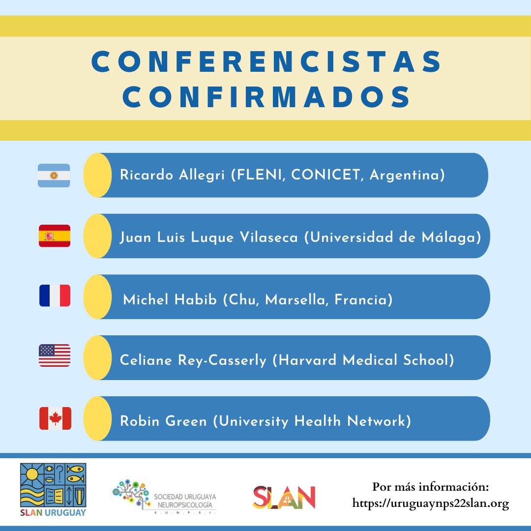 congresoslan's tweet photo. Conferencistas confirmados para el XVII Congreso de la Sociedad Latinoamericana de Neuropsicología (SLAN)

29-30/09/2022 | 01/10/2022

Montevideo, Uruguay

@neuropsicoslan #congresoslan2022 https://t.co/PLcMluKHBb