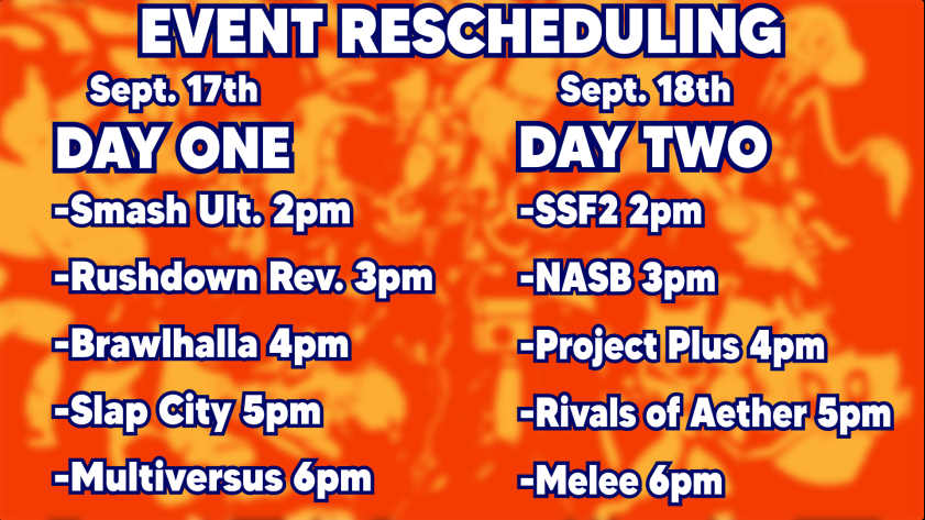 JUST A REMINDER THAT PLATFEST HAS BEEN UPDATED SO THAT MELEE IS ON SUNDAY 09/18

start.gg/tournament/pla…