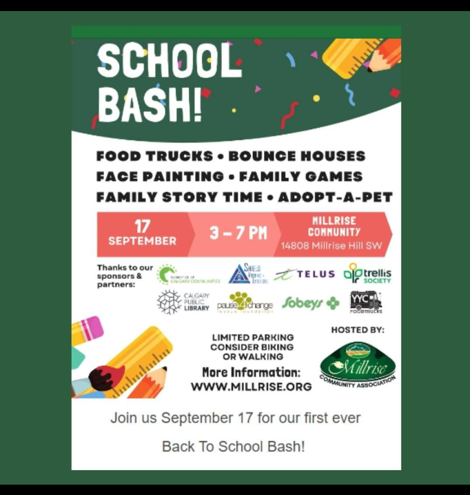 ExteriorsShield's tweet photo. Join us today at the Millrise Community Assoc. first ever Back To School Bash! Come celebrate the start of the school year with tons of fun! There's something for everyone in the family to do, and we can't wait to see you! #yyc #gothail #getshield #familyfun #foodtrucks #Saturday https://t.co/pcxWvisdTC