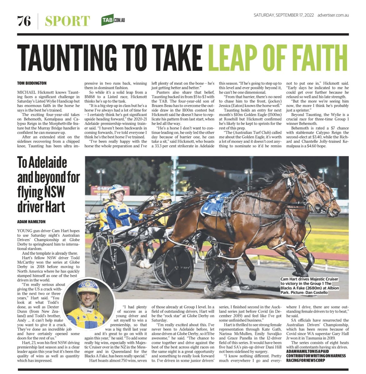 Adam Hamilton (@adamhsport) on Twitter photo Great support from <a href="/theTiser/">The Advertiser</a> <a href="/TheTiserSport/">The Advertiser Sport</a> for tonight’s terrific Australian Drivers’ Champs at Globe Derby. What a line-up <a href="/HarnessRacingSA/">Harness Racing SA</a> @bobotrjimmmyherb <a href="/gracepanella1/">grace panella</a> <a href="/NarissaMcMullen/">Narissa McMullen</a> <a href="/GaryHallJnr/">Gary Hall Jnr</a> <a href="/ejsuvaljko/">emily suvaljko</a> <a href="/waynehillracing/">Wayne Hill</a> @conorcrook3 Great support from <a href="/theTiser/">The Advertiser</a> <a href="/TheTiserSport/">The Advertiser Sport</a> for tonight’s terrific Australian Drivers’ Champs at Globe Derby. What a line-up <a href="/HarnessRacingSA/">Harness Racing SA</a> @bobotrjimmmyherb <a href="/gracepanella1/">grace panella</a> <a href="/NarissaMcMullen/">Narissa McMullen</a> <a href="/GaryHallJnr/">Gary Hall Jnr</a> <a href="/ejsuvaljko/">emily suvaljko</a> <a href="/waynehillracing/">Wayne Hill</a> @conorcrook3