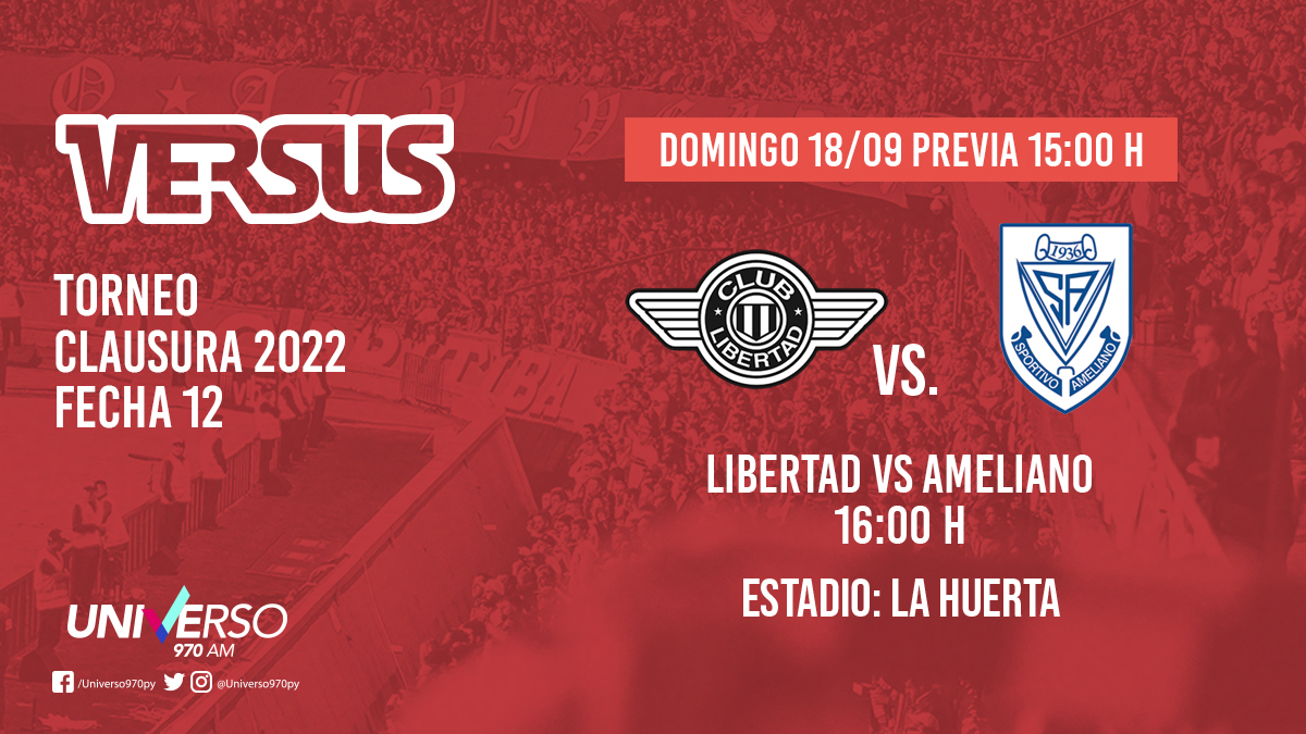 ✅ ARRANCA LA FECHA 12

🏃 #Libertad vs #Ameliano 

⏱️Previa: 15:00

🗓 #Fecha12
🏟 La Huerta
🏆 #Clausura2022 por <a href="/Universo970py/">Universo 970 AM</a>

🎙 Relatos: <a href="/jamcmereles/">juan antonio mereles cabrera</a> 
🎤 Comentarios: <a href="/thediez/">Diego Irrazabal</a> 
💻 Coordinación: <a href="/juanracoronelpy/">Juan Coronel</a> 
🗣 Vende: <a href="/SixtoLopez57/">Sixto Lopez</a> 
📻 Móvil: <a href="/RubenDSosa/">Rubén Sosa.</a> 

#VersusRadio