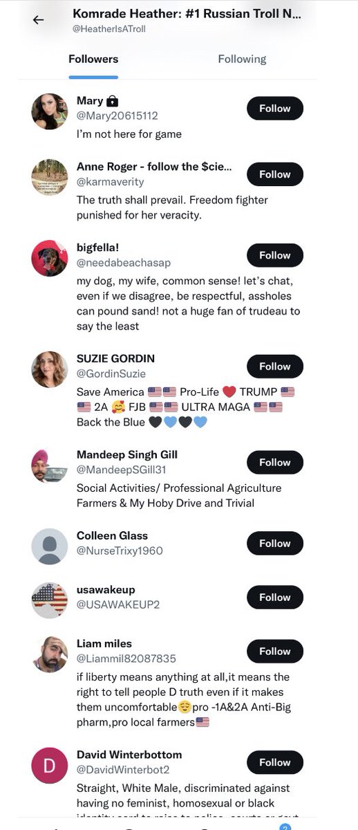HeatherMoAndCo's tweet photo. In a random sampling of 70 followers of this account, 59 of the 70 were created in the past 7 months, of the 11 that were created before 2020, only 4 were created before 2016/17. This account has also once again changed the Twitter address to one meant to harass me. #TrollNet https://t.co/dAkjbW4qmw