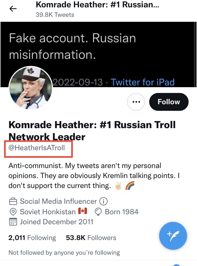 HeatherMoAndCo's tweet photo. In a random sampling of 70 followers of this account, 59 of the 70 were created in the past 7 months, of the 11 that were created before 2020, only 4 were created before 2016/17. This account has also once again changed the Twitter address to one meant to harass me. #TrollNet https://t.co/dAkjbW4qmw