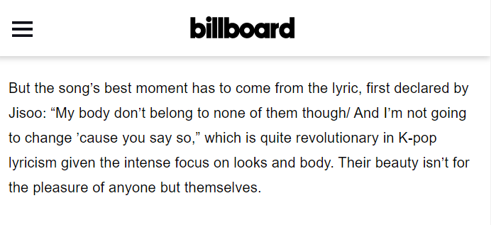 ForeverKimJisoo's tweet photo. Billboard described Jisoo's part/lyric as the song's best moment in the song Tally

🔗https://t.co/gJbAQEeqlo

블랙핑크 지수  #지수  #JISOO  #블랙핑크지수 https://t.co/Zz00qpFRVv