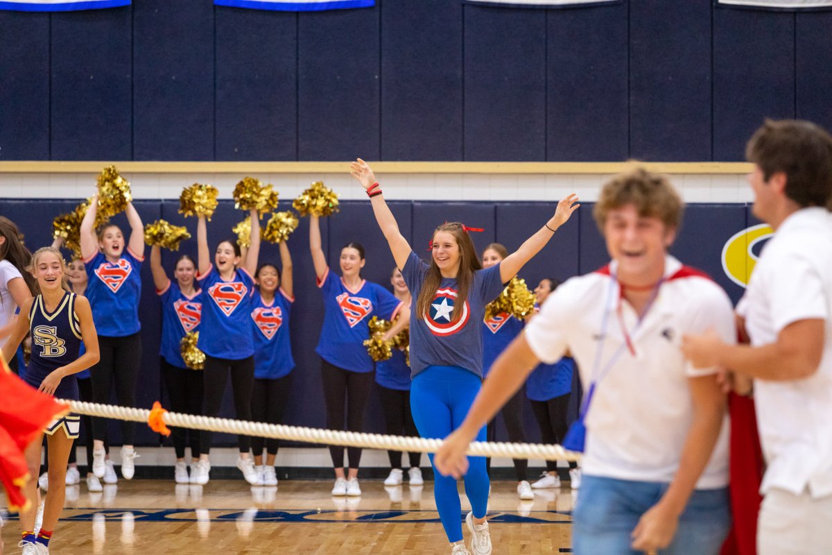 SBS_Houston's tweet photo. Today's superhero themed pep rally filled the E Gym with a deafening roar as upper school students prepared for tonight's home football game vs St. John! #SBSmoments #ThinkLiveLead https://t.co/m8M9wC9rz6