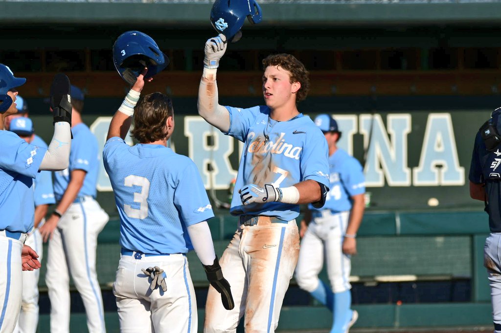 Lots of familiar faces in this @DiamondHeels lineup, 7 guys with meaningful starting experience. And Vance Honeycutt has picked up where he left off: walked and stole a base in first, then blasted a 3-run HR to oppo gap (102 mph exit velo). Premier power/speed guy in America.