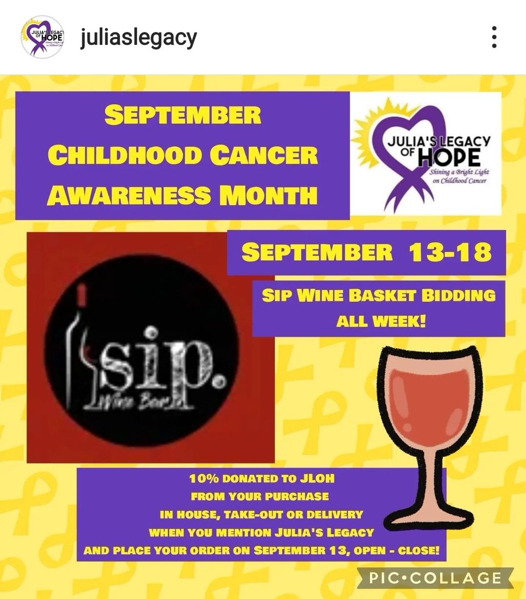 Sunday, September 18,  9pm is your last chance to bid for the Sip Wine Bar Basket!  Bid online <a href="/Julias_Legacy/">JuliasLegacy</a> fb or stop in this weekend for some delicious appetizers and wine tasting before or after you make your bid. <a href="/Julias_Legacy/">JuliasLegacy</a>  #researchishope #stbaldricks