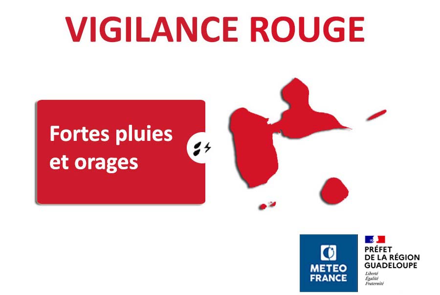 #Météo 📆Le préfet #Guadeloupe informe la population du passage en vigilance rouge pour fortes pluies &amp; orages, du maintien en vigilance orange pour vents violents et du passage en vigilance orange pour vagues-submersion, à compter de 18h.
ℹ  bit.ly/3QMxbob

1/2
