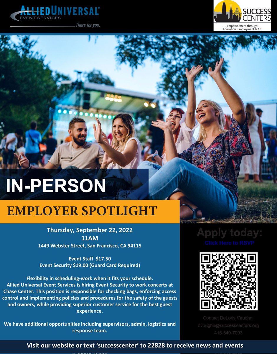 Join us September 22 for an in person employer spotlight with allied Universal. Sept 22nd at 11AM @ 1449 Webster Street. #JobSearch #jobs #nonprofit