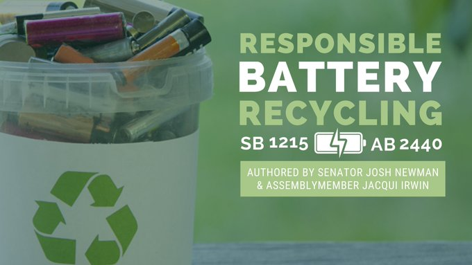 JoshNewmanCA's tweet photo. Thank you @GavinNewsom for signing the Responsible Battery Recycling Act as part of the climate package🌎

#SB1215 &amp; #SB2440 will create a statewide collection and recycling program for consumer batteries and products that contain batteries 🔋♻️ #CALeg 
https://t.co/lhcjQdGvl9 https://t.co/Hsai3N8dD4