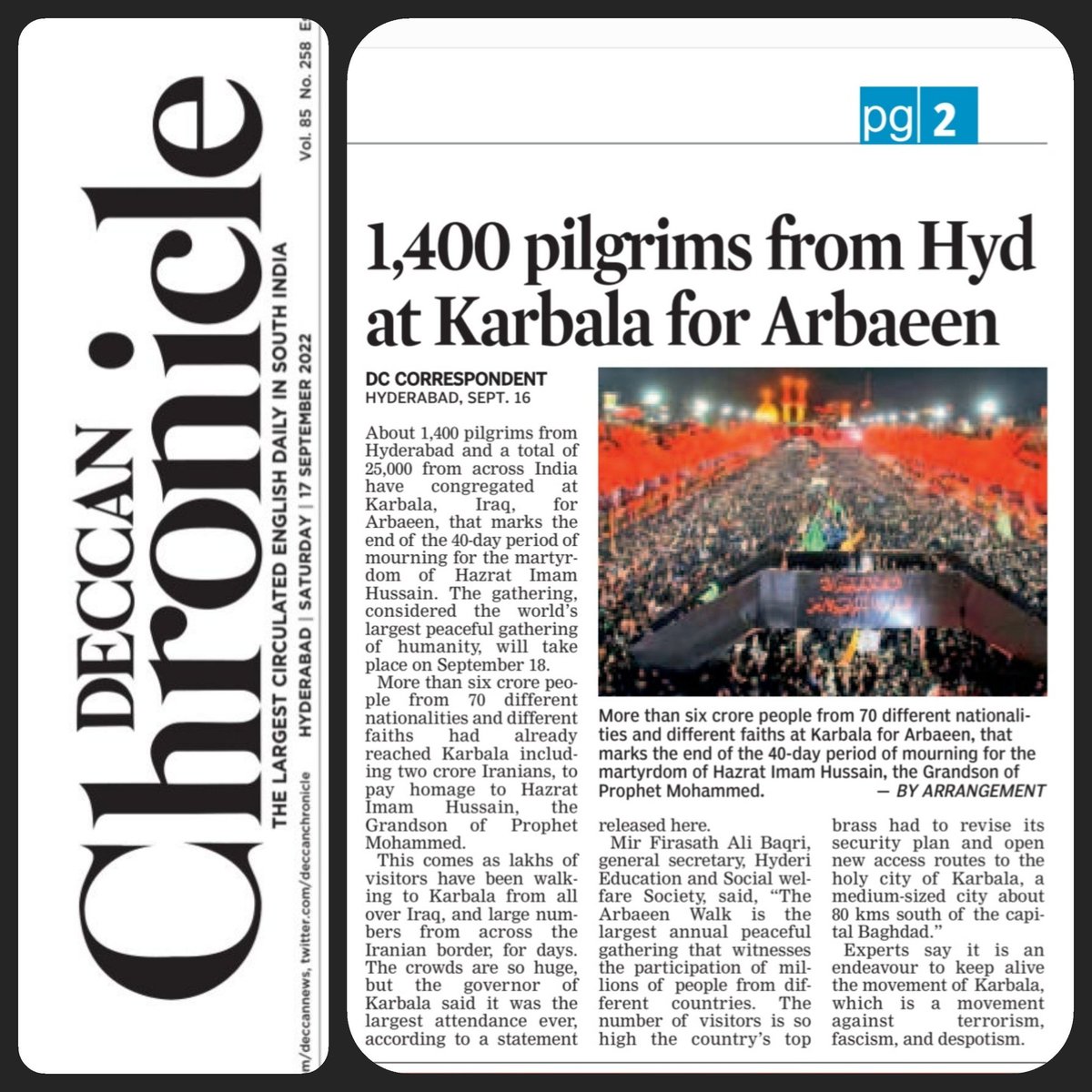 BaqriBjp's tweet photo. #BAQRI  TODAY NEWS CLIPPING OF NATIONAL NEWSPAPER ABOUT ARBAEEN-E-IMAM HUSSAIN ( A.S)

#MAI JAYANTHI THI SHEHR  BASA HOGA BHAI KA

#HOGA HUJOOM QABR PA SAARI KHUDAAI KA 
#CHEHLUM KAROONGI DHOOM SE MAI KARBALA KA 

#PURSA BHI YAAN  KOI NAHI ZEHRA KI JAAYI KA https://t.co/42m0pvlSvb