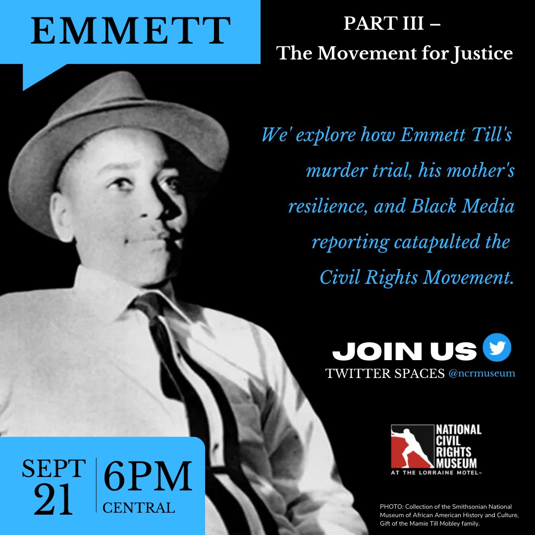 We’re reclaiming the narrative surrounding the Emmett Till case. 

Museum staff will focus on Till’s murder trial, Mamie Till-Mobley's resilience, and black media's role in truth telling.  

Join us Sept. 21 at 6pm CT.  

In Twitter Spaces, x.com/i/spaces/1dRKZ…