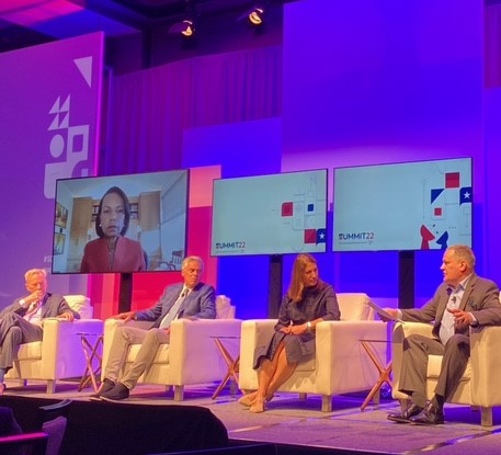 SylviaBurwell's tweet photo. Honored to join @ericschmidt @CondoleezzaRice @JonHuntsman @Dimi at #SCSPSummit22 for a timely conversation about the future of democracy and the role technology can play in protecting it.  I focused on the role universities, like @AmericanU, have in this important work. https://t.co/dyQQJLNbyC
