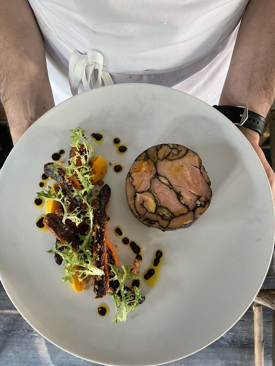 New dishes are being created in the kitchen for a seasonal menu change.  Leek ash crusted lamb mosaic, lamb fat roasted Leffers Organics carrots, GE&amp;H Farm frisée, Highwood Crossing rye crumble, black garlic. On the dinner menu now. #RCkitchenstories
