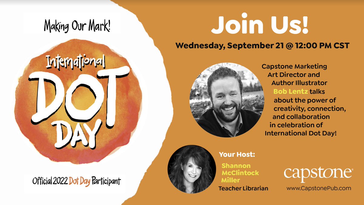 shannonmmiller's tweet photo. We all had such a great time celebrating CREATIVITY for #DotDay let's keep it going with a LIVE event with the amazing Bob Lentz....@CapstonePub Art Director, author &amp; illustrator.

Join us on Wednesday, September 21 at 12:00pm CST. 

 Register here... https://t.co/Q2lJ5afjHU https://t.co/UJxqTH8Kfd