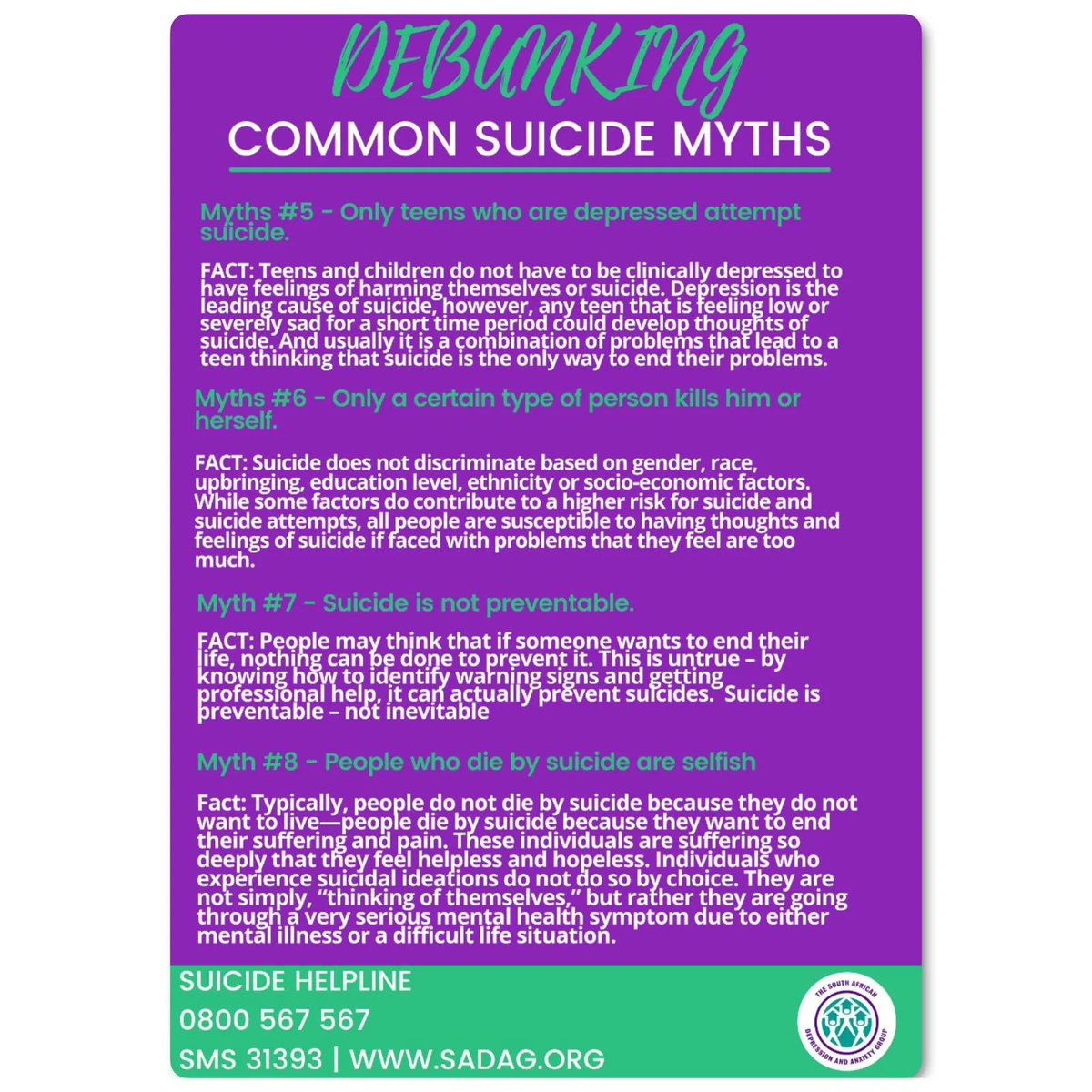 TheSADAG's tweet photo. #WorldSuicidePrevention #Myths #BraveConversation https://t.co/KnfQlCR68x