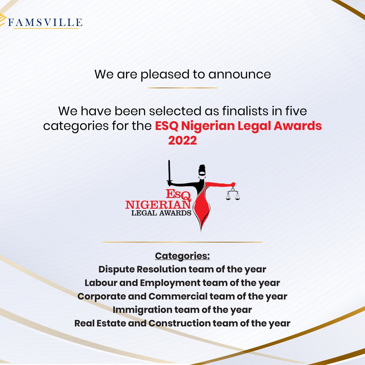 Go Famsville ⚡⚡

Kudos to the whole team...it's our win 🥂🥂

#awards #awardnominee #awardnomination #legalcommunity #legaltwitter #legalcounsel #legalconnect #legalinstagram #lawfirm #legalawards #lawfirmnigeria