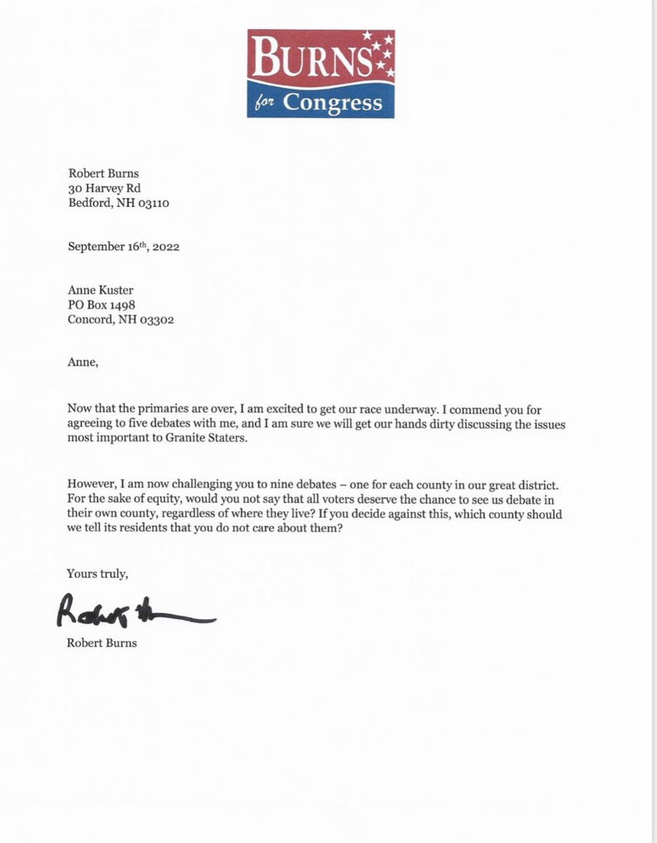 BurnsForNH's tweet photo. I just mailed a letter challenging Anne Kuster to nine debates, one for each county in the district. If Kuster refuses, I asked her to pick the counties whose residents we should tell that she does not care about them. #nh02 #nhpolitics https://t.co/1NEBcJWyGL