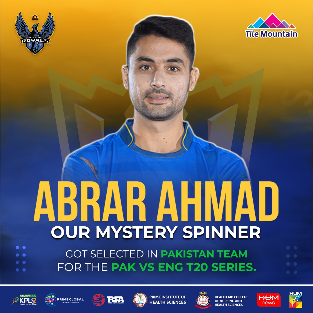 Mirpur Royals' Abrar Ahmad joins the Pakistan squad for T20 series against England! 🔥 This lad has surely made the Royals' army proud. We hope to see him in action soon. We wish him luck for his international debut! #MirpurRoyals | #KingdomValleyKPL | #KheloAzaadiSe