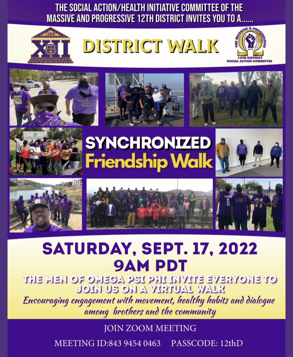 opp12thD's tweet photo. Donโt forget to join us tomorrow for our District-wide Friendship Walk. All the info you need is on the flyer to log in and join the Massive and Progressive 12th District as we promote health and fellowship. #omegaiseverywhere #omegapsiphi #massiveandprogressive12thdistrict https://t.co/GyyI3AbhaI