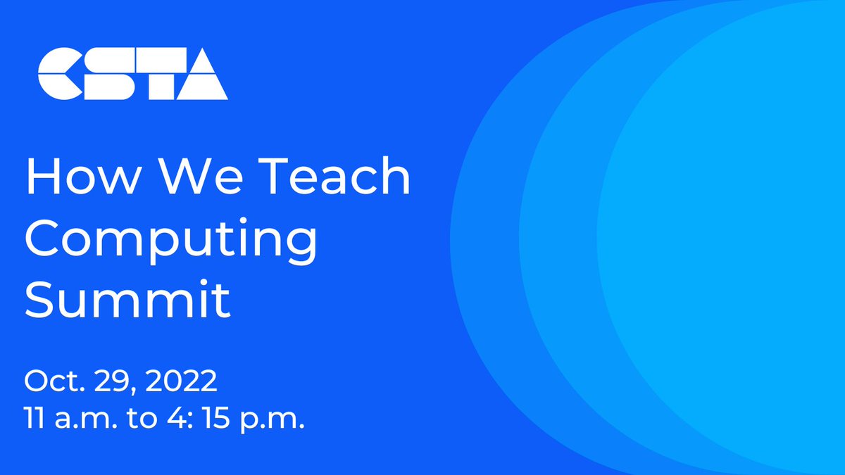 Tom O'Connell π³οΈβπ (He/Him/His) (@mrtomocon) on Twitter photo Looking for a next step after #CSForNY? Join <a href="/csteachersorg/">CS Teachers Association (CSTA)</a> and come to the "How We Teach Computing Summit" on Oct. 29.
The event is aligned with <a href="/HelloWorld_Edu/">Hello World Magazine</a>'s Big Book of Computing Pedagogy about approaches to teaching computing.
Register: web.cvent.com/event/1f3b2e65β¦
#CSForAll Looking for a next step after #CSForNY? Join <a href="/csteachersorg/">CS Teachers Association (CSTA)</a> and come to the "How We Teach Computing Summit" on Oct. 29.
The event is aligned with <a href="/HelloWorld_Edu/">Hello World Magazine</a>'s Big Book of Computing Pedagogy about approaches to teaching computing.
Register: web.cvent.com/event/1f3b2e65β¦
#CSForAll