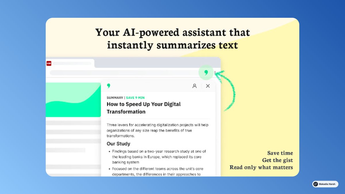 MakadiaHarsh's tweet image. 7. Summari [ @getsummari ]

Summarize long text instantly. 

Become a superhuman reader.

Capture the insights from virtually any text in seconds. 

Comprehensive, high-quality summaries written by humans + AI. 

🔗 summari.com/products/chrome