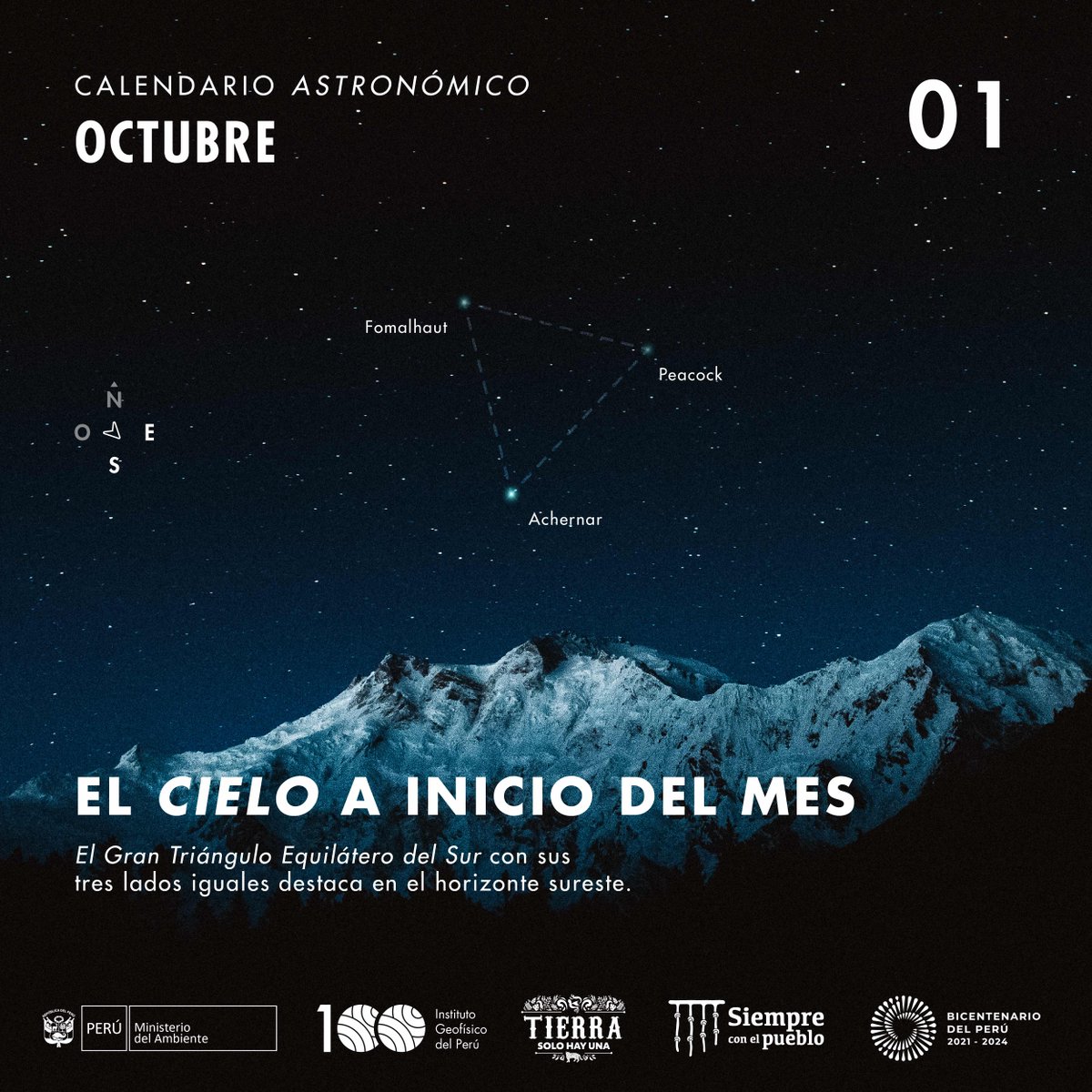 igp_peru's tweet photo. Hacia el sureste tendremos al Gran Triángulo Equilátero del Sur, formado por las estrellas #Achernar, #Fomalhaut y #Peacock. Estas forman parte de las llamadas estrellas náuticas usadas por los marinos para cálculos de rumbo y orientarse en altamar.
#IGP #Astronomía #Ciencia https://t.co/qmTk8RZxTJ